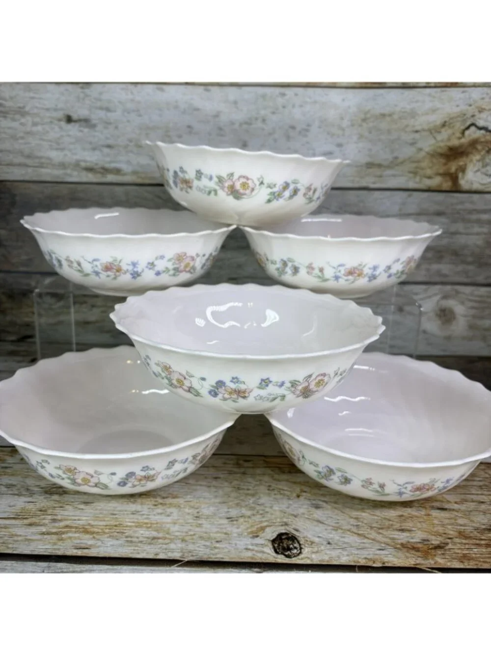 Arcopal CHAMPETRE Pink Blue Flower Ivory Scalloped France Cereal Bowls Set of 6